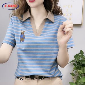 Z-ONER Women's Polo Shirt Stripe V-neck Top Stand-up Collar Polo Shirt