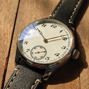 Men Manual Mechanical Watch Enamel Dial Louis‑style Hands Genuine Leather Strap Small Seconds 3atm Water Resistant 40.5mm Dial