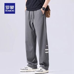 ROMON | กางเกงลำลองชายผ้าไหมน้ำแข็งฤดูร้อน ทรงหลวม ขาตรง ยางยืด กางเกงขายาวทรงหลวม กางเกงขายาวสำหรับผู้ชาย แฟชั่นฤดูร้อน