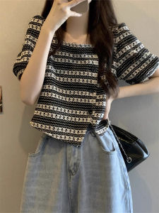 V.C.I | Short Sleeve Asymmetric Neck Slim Stripe Light Knit Top for Women Summer