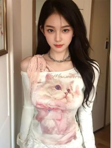 เสื้อยืดคอกลมแขนยาวทรงสลิมฟิตสำหรับผู้หญิง ฤดูใบไม้ร่วง/ฤดูหนาว เสื้อเชิ้ตแขนยาวแบบใหม่ แฟชั่นเสื้อเชิ้ตคอเอว สไตล์หวานและเผ็ดร้อน