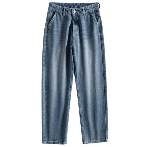 Mens Winter Casual Thickened Fleece Blue Jeans Straight Leg Loose Fit Comfortable Youthful Style Cotton Polyester Blend