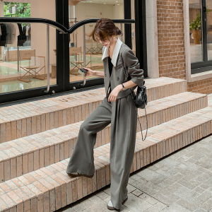 Gray Green Korean Style Elegance Small Fragrance Wind Top Set Womens Autumn 2025 Casual Wide Leg Pants Two Piece Set