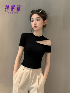 Summer New Black Short Sleeve T-Shirt Womens Slim Fit Shoulder Design Half Sleeve Casual Comfortable Pure Cotton round Neck Top