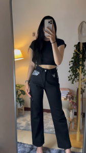 ✨ ส่งเร็ว ✨ กางเกงยีนส์ผู้หญิง ทรงกระบอก เอวสูง แต่งขาดด้านข้าง กางเกงผู้หญิง ใส่สบาย 🔥👖