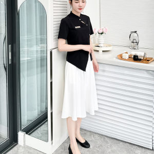 New Chinese Style Womens Summer Beauty Salon Front Desk Professional Suit A-Line Skirt with Button Design Short Sleeve
