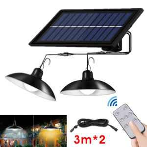 Led Lampu Solar Pendant Light Outdoor Waterproof Garden Lights Double Headed Hanging Solar Panel Light Bulb Indoor House Ceiling Lamp with Remote Control for Yard Gate Camping Street White 太阳能灯室内