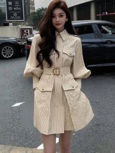 DANTING | Spring Elegant Minimalist High-class Occasions Suitable Striped Shirt and Dress Waist Cinched