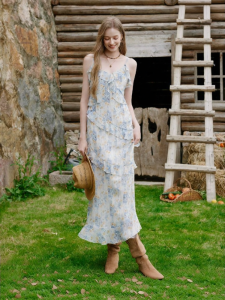 XIANGYING | Floral Slim Fit V-Neck Ruffled Asymmetrical Long Dress