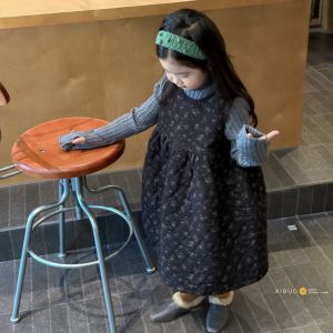 Autumn Winter Floral Embroidered Cotton Blend Girls Dress Korean Style Vest Dress Medium Length Princess Skirt for Kids