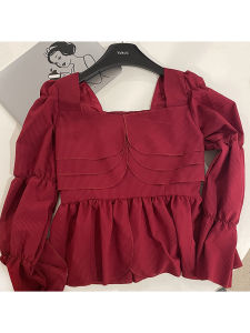 เสื้อเชิ้ตแขนพองสไตล์ฝรั่งเศสไซส์ใหญ่สำหรับผู้หญิง ทรงหลวม สไตล์เกาหลี แขนยาว ปกเหลี่ยม แขนพอง กระดุมแถวเดียว สีพื้น