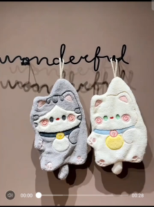 Home Essense SG Adorable Cartoon Cuddly Cat Hand Towel - Hangable Absorbent Soft Reusable Towel with Charming Design for Everyday Use