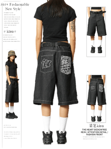 กางเกงขาสั้นยีนส์พิมพ์ลายสตรีทสไตล์อเมริกันสำหรับผู้หญิง กางเกงขายาวทรงหลวมเอวสูง ทรงห้าส่วน ทรงขากระบอก สไตล์ฤดูร้อน 2025 แบรนด์ใหม่