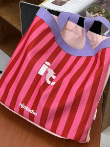 Lost Chill Sweet Cool Pink Stripes Canvas Bag Color Block Large Capacity Canvas Bag Bright Color Student Tote Fashion Trend
