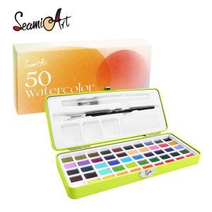 SeamiArt 50Color Solid Watercolor Paint Set Portable Metal Box Painting Pigment for Beginner Drawing Colors Palette Art Supplies