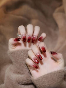 Queen Coronation Gradient Handmade Wearable Nails Bright Color System Wine Red And White Gradient Bridal Nails New Year Armor