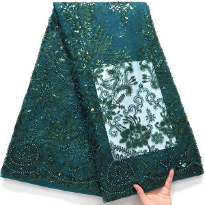 ​African Beaded Lace Fabric 5 Yards - Heavy Geometric Embroidery with Sequins For Bridal Gowns & Evening Dresses​