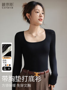 Womens Long Sleeve Base Shirt Square Collar Inner Wear Outerwear Black Fleece Lined Padded Chest Autumn Winter Fashion Top