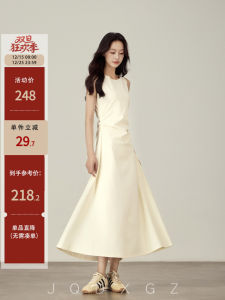 Elegant Summer Midi Dress Womens Waist-Cinching Sleeveless Lazy Style Dress Beige Color Cotton Blend Comfortable Fit for Commute