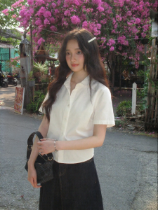 Mixd | College Style Korean Simple White Short Sleeve Shirt