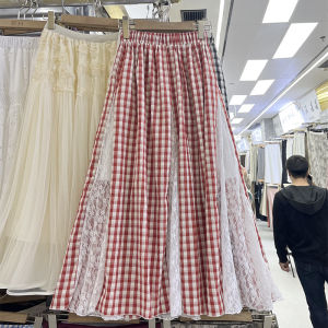 Sweet Korean Style Blue Plaid Mini Skirt with Lace Paneling A-Line Long Skirt Womens Spring 2025 New Arrival Flared Natural Waist
