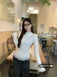 French Design Long Sleeve Fleece Lined T-Shirt Womens Slim Fit Lace Trim Base Shirt Autumn Winter Inner Wear Top