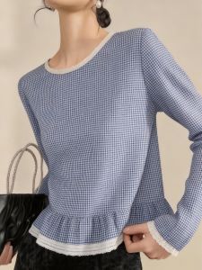 QINGNAER | Youthful Fresh Plus Size Womens Blouse Check and Lace Trim