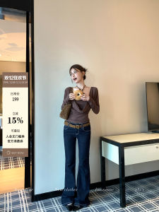 Slim Fit Denim Bell Bottom Pants Washed Blue Elastic Casual Long Trousers for Women Stylish Linoneone Fashion Brand