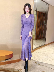 Elegant Long Sleeve Lace Dress High Waist Slim Fit V Neck Autumn Winter New Style Womens Fashion Commute Korean Version