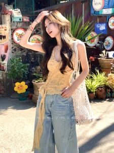 Yellow Floral Print Halter Vest Womens Slim Fit Sleeveless Top Spring Summer New Style Trendy Girl Irregular Sash Outerwear