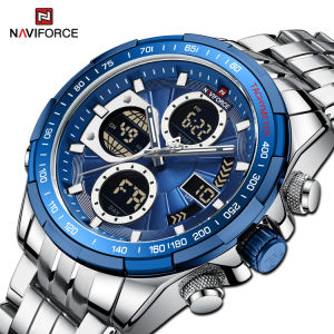 NAVIFORCE Analog Watch for Men Fashion Casual Sport Stainless Steel Strap Wristwatch Multifunction Chronograph Dual Display Waterproof Luminous Watch NF9197S