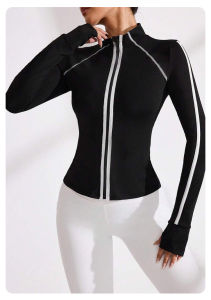 New Black Womens Zipper Stand Up Collar Long Sleeve Yoga Jacket Breathable Slim Fit Quick Dry Top Sports Running Cycling Wear