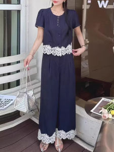 Shalldoer | ชุดสองชิ้นผ้าโพลีเอสเตอร์ลายลูกไม้เอวสูง กางเกงขายาว แขนสั้น คอตั้ง ฤดูร้อน 2025 สำหรับผู้หญิง