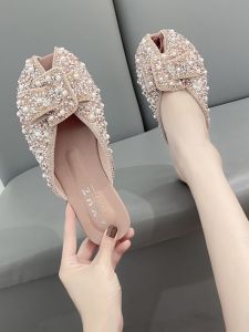 Womens Flat Bottom Slippers Spring 2025 New Style Versatile Outdoor Wear Diamond Fashion Semi-Slipper Korean Version PU Material