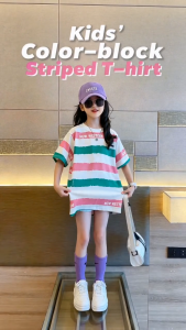 F-16 Kids Short-sleeve T-shirt Loose Striped Splicing Girls Sports Top Korean Version Casual Round Neck Shirt
