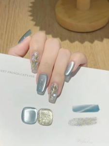 Ice Age Premium Gentle Glacier Blue Cat Eye Nail Art Finished Handmade Wearable Detachable False Nails Blue Color Cosmetic Tools