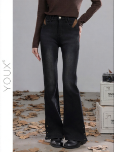 YOUXIANG | Quần Jeans Phồng Cao Thắt Dân Retro Xám Đen Bông Ấm