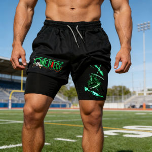 Bandai | 2026 Summer One Piece Mens Double Shorts Roronoa Zoro Japanese Anime Fake Two-Piece 2-in-1 Fitness Sports Quick-Drying Y2K