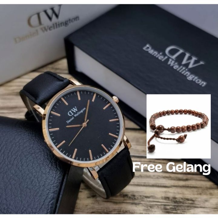 Jam Tangan Pria Elegan Mewah Tali Kulit WD DeWe Free Gelang