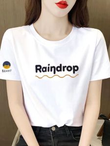 Pure ผ้าฝ้าย เสื้อยืดแขนสั้น ผู้หญิง ฤดูร้อน หลวม คอกลมครึ่งแขนแฟชั่น Wave ลายพิมพ์ตัวอักษร ชุดทํางานสไตล์ K