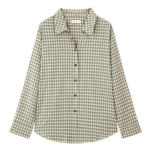 Retro Cotton Plaid Shirt Women Loose Shoulder Design Casual Style Commute Fashion Pure Color Long Sleeve Polo Collar Button up