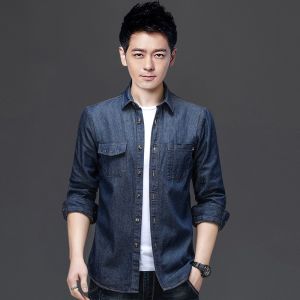 ROMON | Romon Spring Summer New Mens Long Sleeve Casual Loose Fit Denim Shirt Fashionable Youth Trend Cotton 100% Pocket Detail