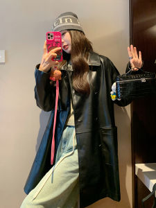 Black Retro PU Leather Jacket Womens 2025 Autumn New American Design Sense Elegance Medium-Length Motorcycle Coat