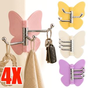 4pcs Rotatable Butterfly 3-Hook Adhesive Wall Hanger / No Drilling Waterproof Sticky Hook / Household Storage Rack for Towels Keys Jewelry and Hair Accessories