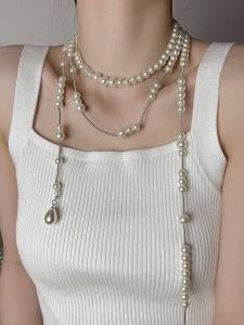 สร้อยคอแบบหลายชั้นยาวปานกลางสำหรับผู้หญิง สร้อยคอแบบไข่มุกหัก โซ่ยาว โซ่เสื้อกันหนาว โซ่แฟชั่น เครื่องประดับ โซ่แบบมีลูกปัด