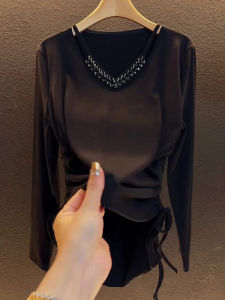 UYFY | Fashionable Black V-neck Knitted Slim Fit Base Shirt Womens Autumn New Style Casual Style Polyester Fiber Long Sleeve Top