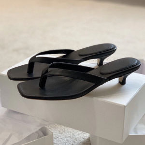 High Heel Strapless Pure Color Leather Flip Flops for Women French Style Fairy Design Casual Daily Wear Rubber Sole Goatskin Lining