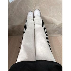 กางเกงกีฬาผู้หญิงทรงหลวมเอวสูง 3 แถบ กางเกงขายาวทรงหลวม ผ้าฝ้ายผสมโพลีเอสเตอร์ ฤดูใบไม้ผลิและฤดูใบไม้ร่วง