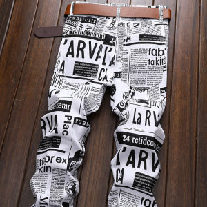 Slim Fit Mens Jeans Summer Thin Elastic Korean Style Printed White Pants Youth Fashionable Cotton Polyester Blend Wear Resistant