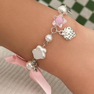 Ingemark | Ingemark Exquisite Sweet Pink Bow Imitation Pearl Pentagram Pendant Bracelet Women Elegant Sliver Color Metal Chain Wed Jewelry